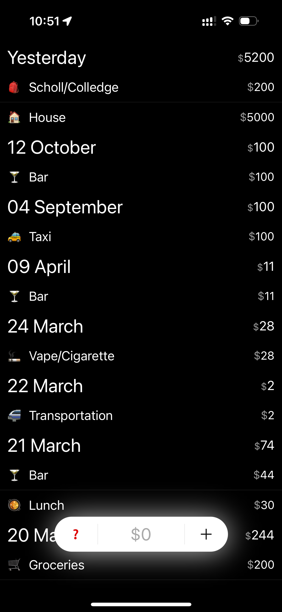 Budget app main tracking screen